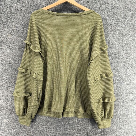 Fashion Sweater Pullover Women L Large Gray V-Neck Knit Waffle Ruffle Casual - Picture 2 of 7